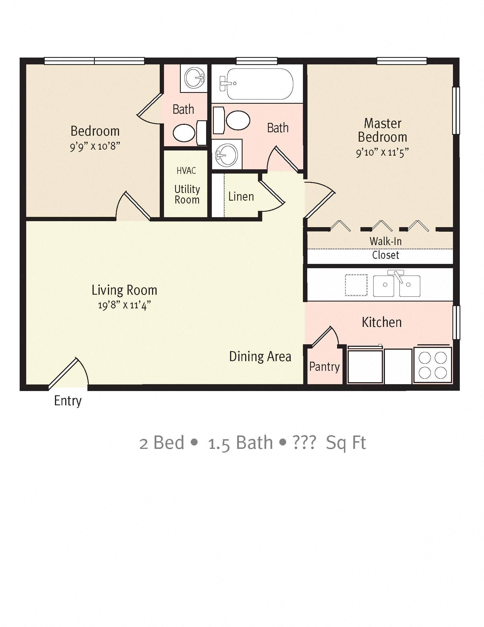 Floor plan for 2 beds, 1.5 baths, 790 sqft